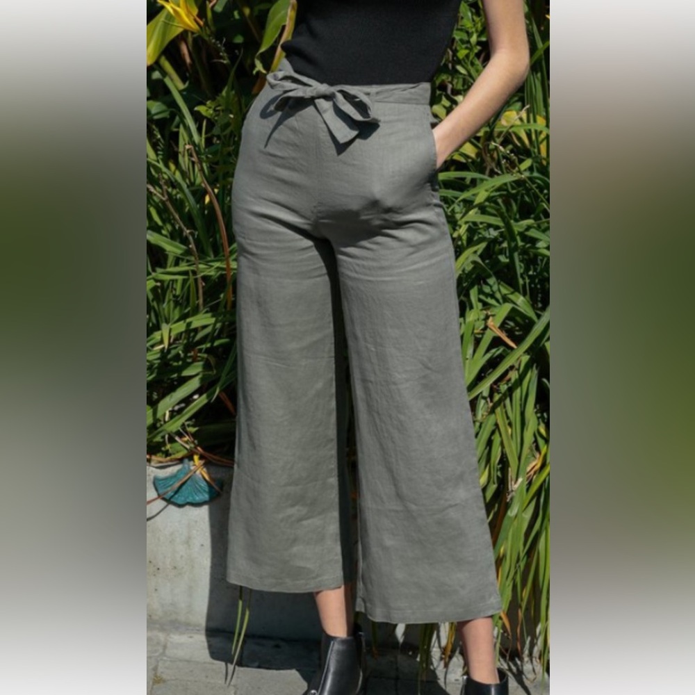 Rhythm Amalfi Wide Leg Linen Belted Pants - Olive - Size 8